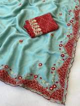 Elegance Premium Rangoli Crush Fabric Saree. Zari Embroidery Work With Sequence Work Designer Saree. in Cyan – view 2