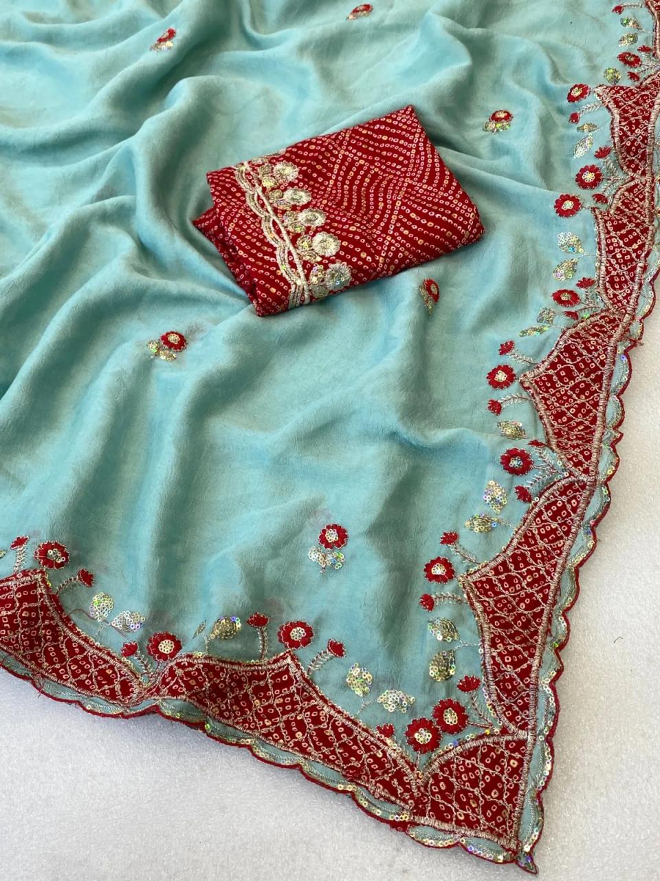 Elegance Premium Rangoli Crush Fabric Saree. Zari Embroidery Work With Sequence Work Designer Saree. in Cyan – view 2