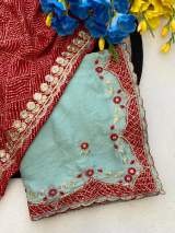 Elegance Premium Rangoli Crush Fabric Saree. Zari Embroidery Work With Sequence Work Designer Saree. in Cyan – view 3