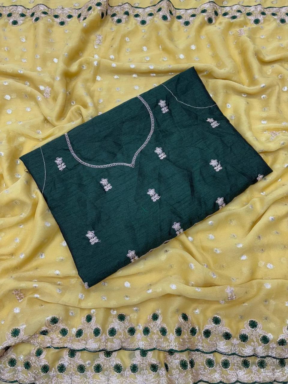 Soft dal moss butti Silk With Zari Butti Fabric With c pallu Emrodiery Thread&Pitta Work With Beautiful Look in Gold