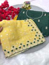 Soft dal moss butti Silk With Zari Butti Fabric With c pallu Emrodiery Thread&Pitta Work With Beautiful Look in Gold – view 2