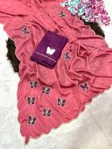 Beautiful Chinon Fabric Saree With Beautiful Bead And Moti Work Cut Dana Hand Work And Butterfly Floral in Rani