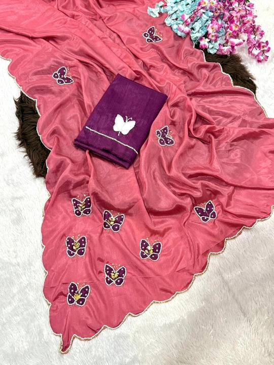 Beautiful Chinon Fabric Saree With Beautiful Bead And Moti Work Cut Dana Hand Work And Butterfly Floral in Rani