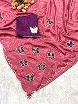 Beautiful Chinon Fabric Saree With Beautiful Bead And Moti Work Cut Dana Hand Work And Butterfly Floral in Rani – view 2
