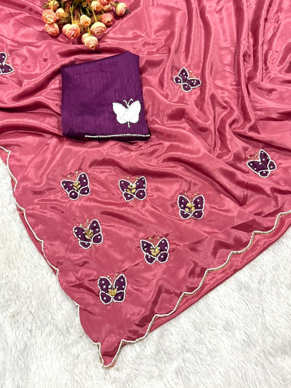 Beautiful Chinon Fabric Saree With Beautiful Bead And Moti Work Cut Dana Hand Work And Butterfly Floral in Rani – view 2