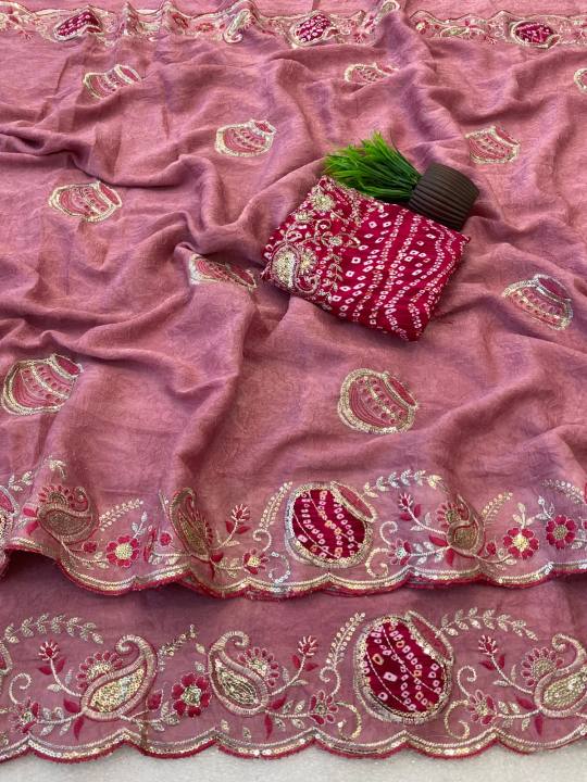 Elegance Premium Rangoli crush Fabric Saree. Zari Embroidery Work With Sequence Work Designer Saree. in Pink