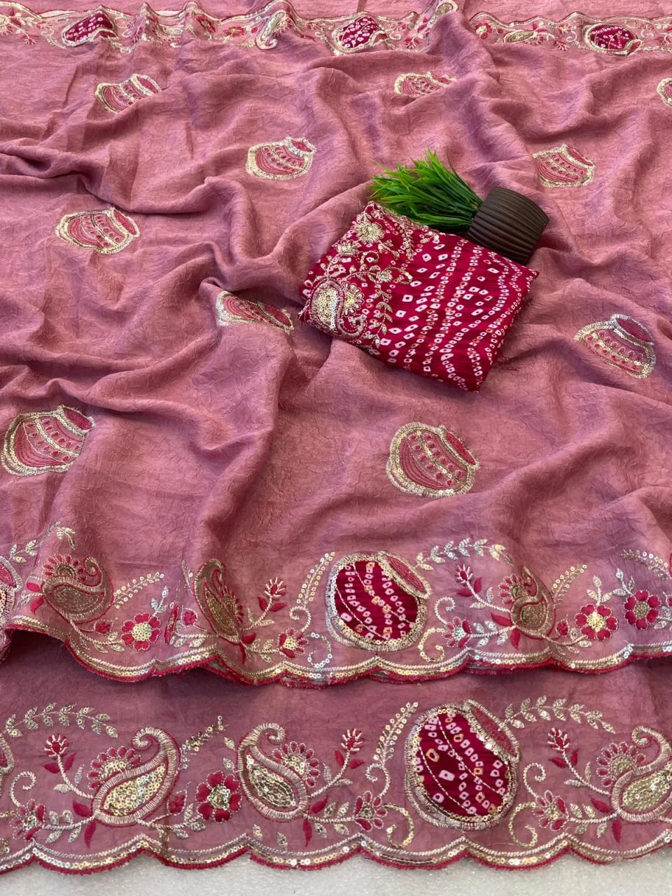 Elegance Premium Rangoli crush Fabric Saree. Zari Embroidery Work With Sequence Work Designer Saree. in Pink