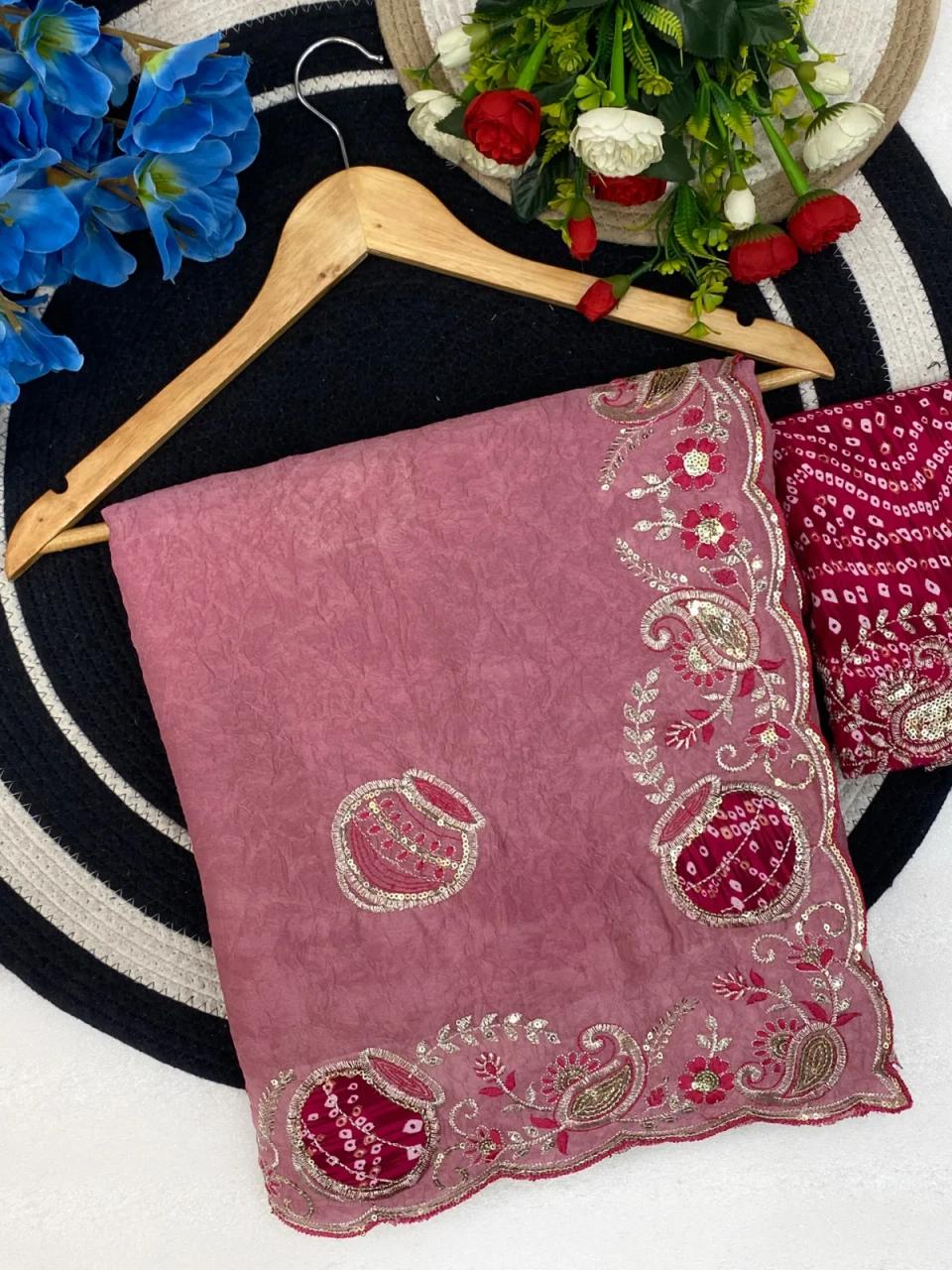 Elegance Premium Rangoli crush Fabric Saree. Zari Embroidery Work With Sequence Work Designer Saree. in Pink – view 2