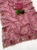 Elegance Premium Rangoli crush Fabric Saree. Zari Embroidery Work With Sequence Work Designer Saree. in Pink – view 3