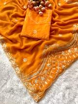 Premium 20 - 20 Chiffon Fabric Saree With Beautiful Rich Look C Pallu Pitta Work And Butti in whole saree in Orange