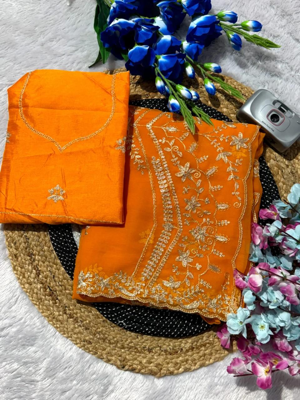 Premium 20 - 20 Chiffon Fabric Saree With Beautiful Rich Look C Pallu Pitta Work And Butti in whole saree in Orange – view 2