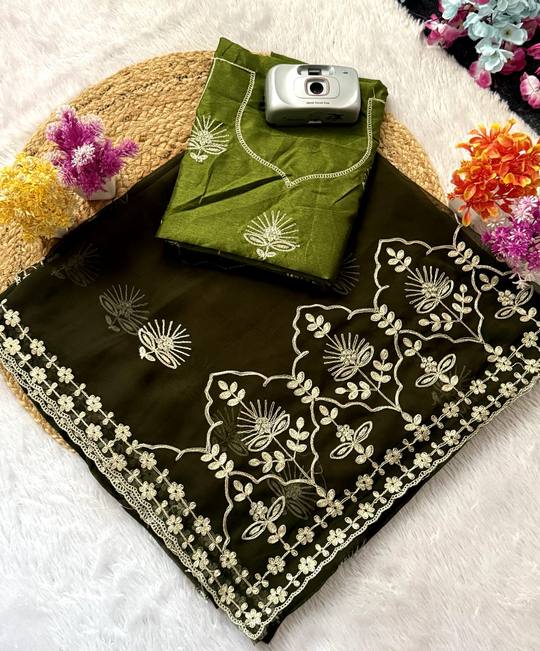 Premium 20 - 20 Chiffon Fabric Saree With Beautiful Rich Look C Pallu Pitta Work And Butti in whole saree With Floral in Mehendi