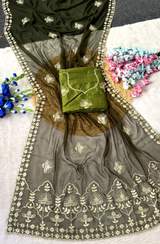 Premium 20 - 20 Chiffon Fabric Saree With Beautiful Rich Look C Pallu Pitta Work And Butti in whole saree With Floral in Mehendi – view 3