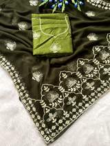Premium 20 - 20 Chiffon Fabric Saree With Beautiful Rich Look C Pallu Pitta Work And Butti in whole saree With Floral in Mehendi – view 2