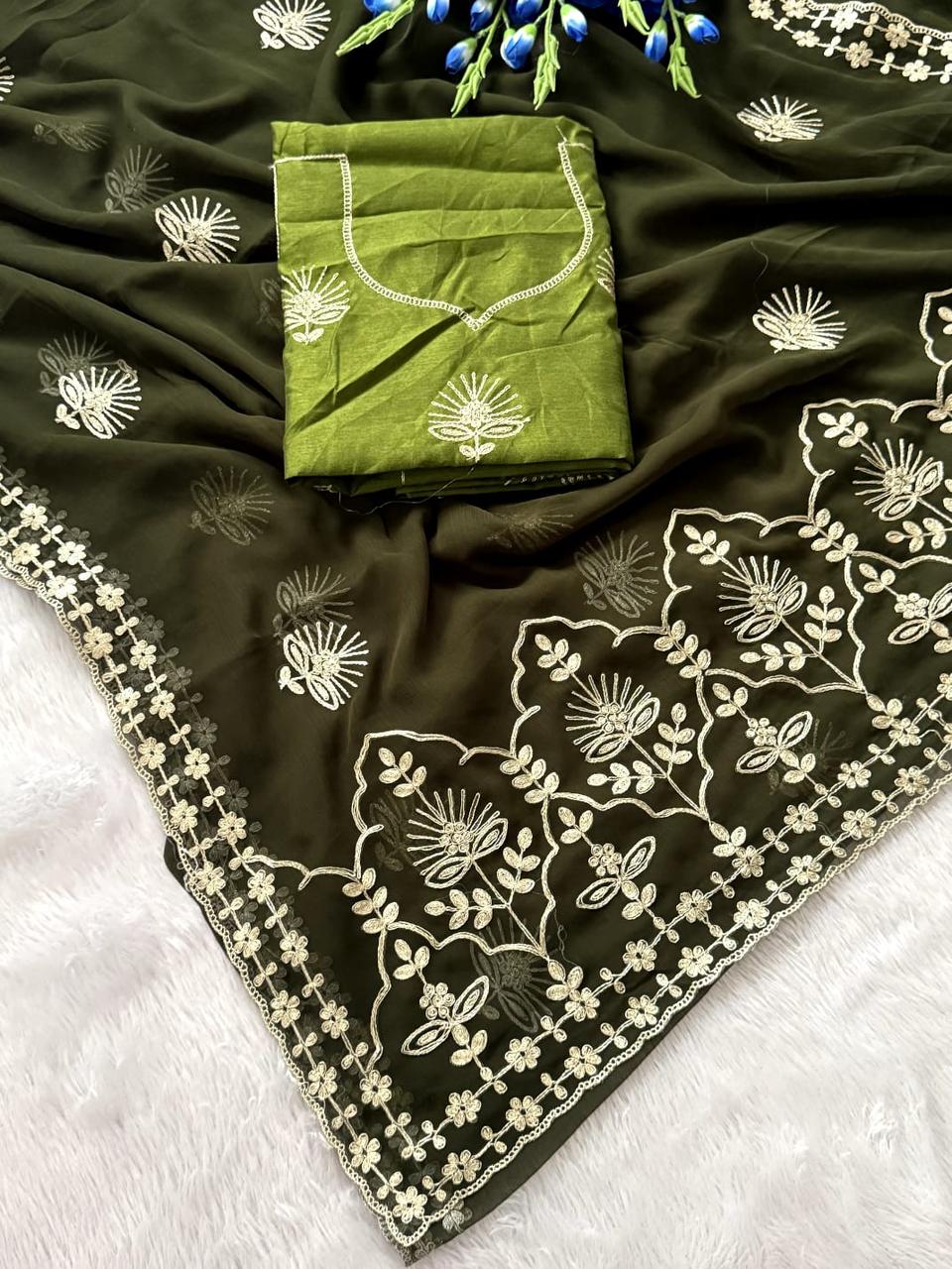 Premium 20 - 20 Chiffon Fabric Saree With Beautiful Rich Look C Pallu Pitta Work And Butti in whole saree With Floral in Mehendi – view 2