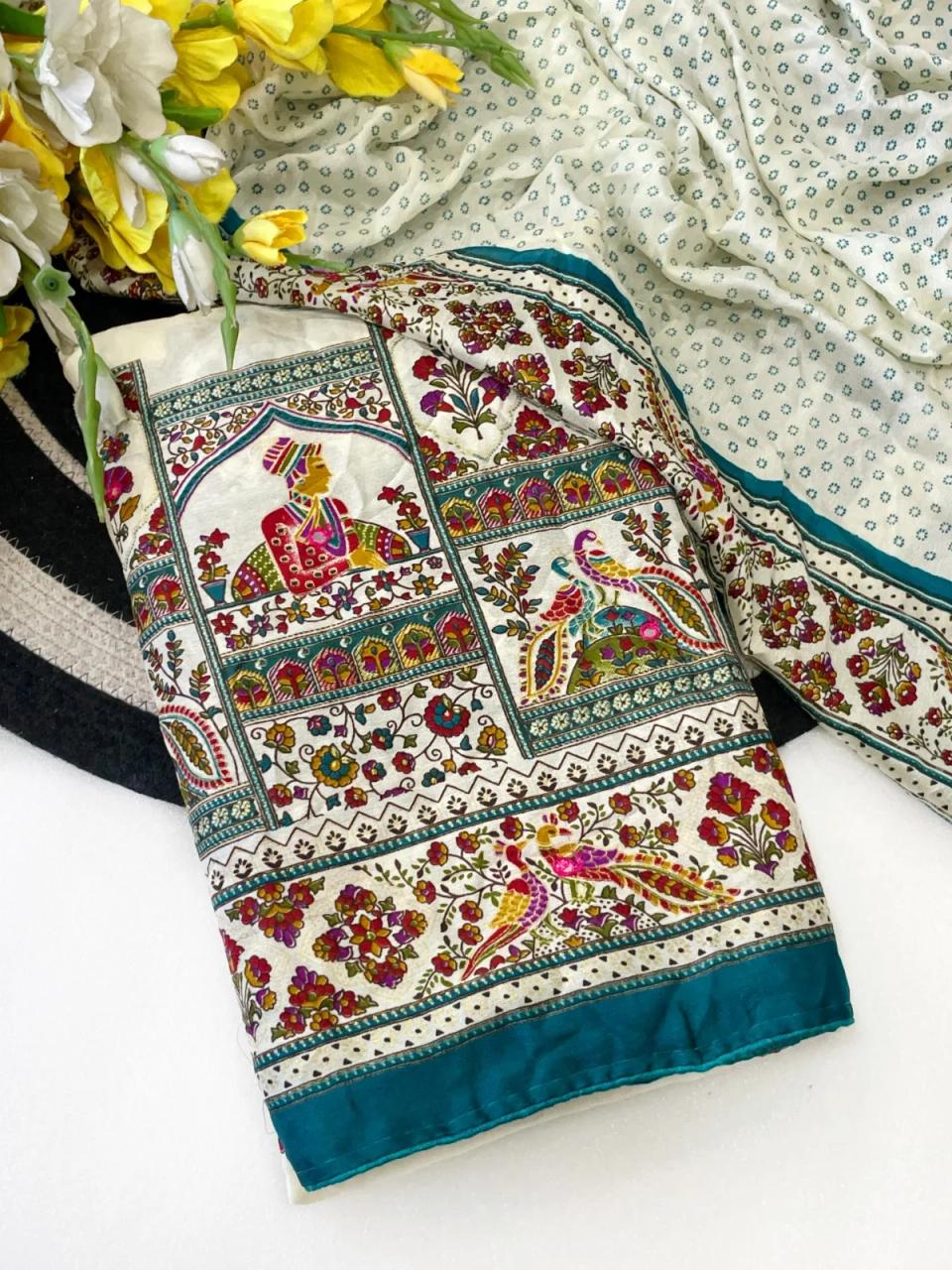 Premium Pure Moss Chiffon Saree With Beautiful Peacock Floral Print With Foil Print With Mirror Work Designer Saree in Aqua blue – view 2