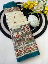 Premium Pure Moss Chiffon Saree With Beautiful Peacock Floral Print With Foil Print With Mirror Work Designer Saree in Aqua blue