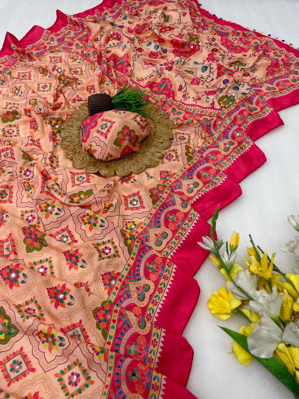 Premium Heavy Silk Crape Saree With Beautiful Floral Printed Design in All Over saree in Rani – view 2