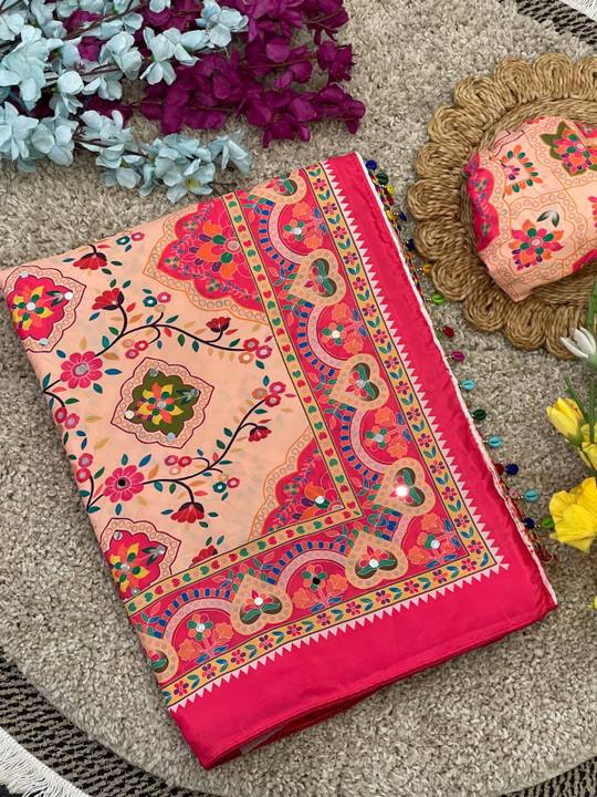 Premium Heavy Silk Crape Saree With Beautiful Floral Printed Design in All Over saree in Rani
