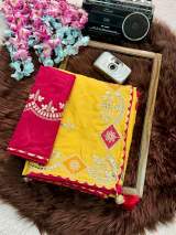 Elegance Premium Chinnon Saree With Beautiful Multi Embroidery work With Cording with Foil Gotta Patti in Yellow – view 3