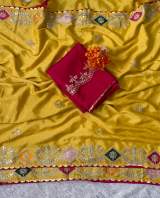 Elegance Premium Chinnon Saree With Beautiful Multi Embroidery work With Cording with Foil Gotta Patti in Yellow – view 2