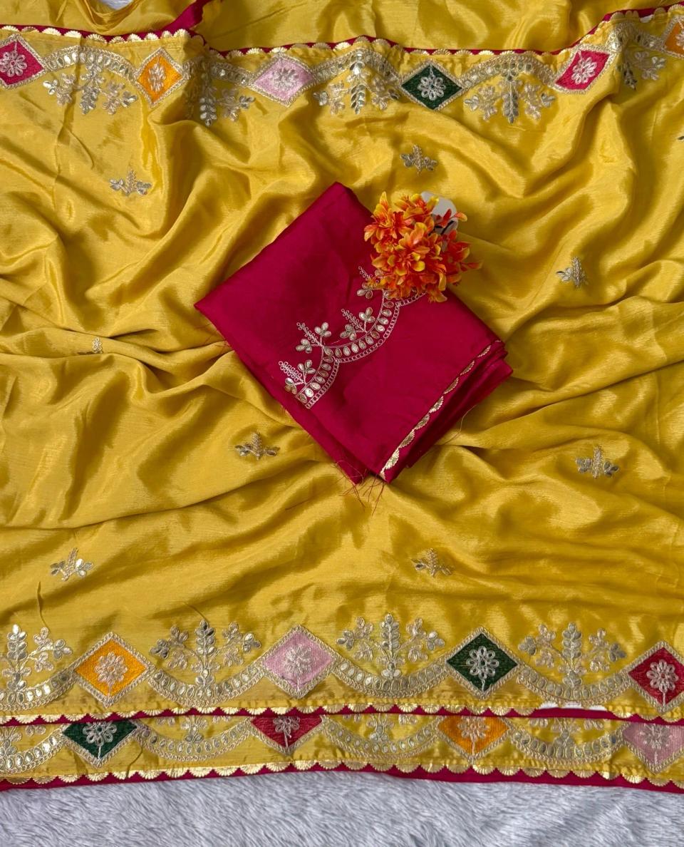 Elegance Premium Chinnon Saree With Beautiful Multi Embroidery work With Cording with Foil Gotta Patti in Yellow – view 2