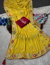 Elegance Premium Chinnon Saree With Beautiful Multi Embroidery work With Cording with Foil Gotta Patti in Yellow