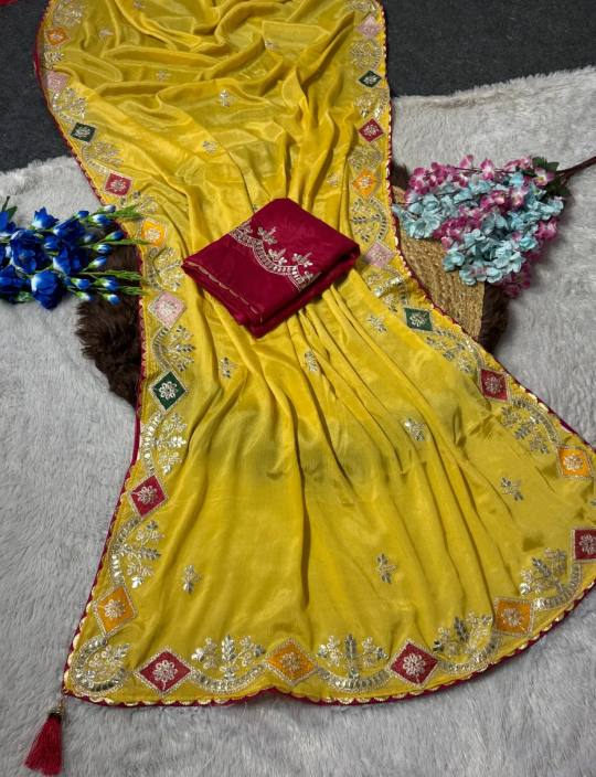 Elegance Premium Chinnon Saree With Beautiful Multi Embroidery work With Cording with Foil Gotta Patti in Yellow