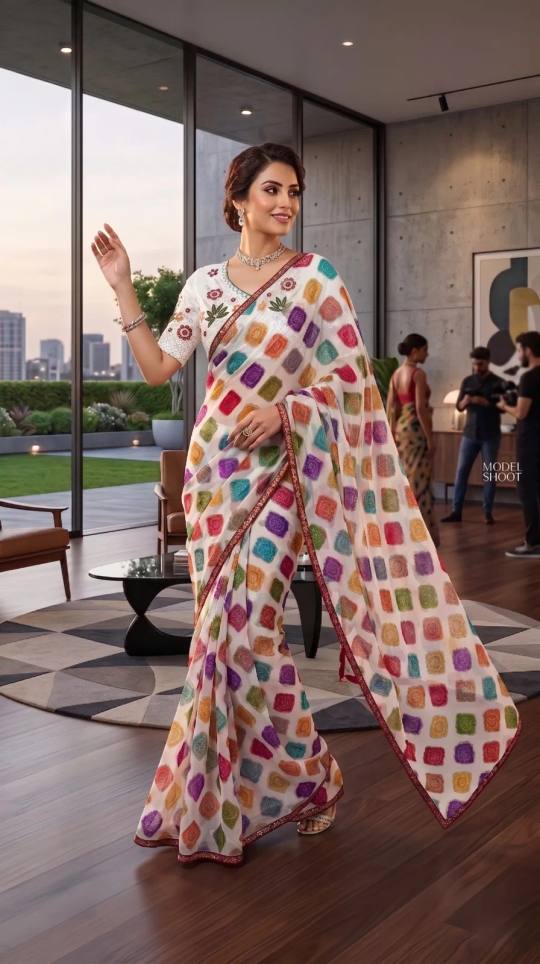 Premium Weightless C/C Fabric Saree With Beautiful Floral Bandhani Printed Design in All Over Saree And Embroidery in White