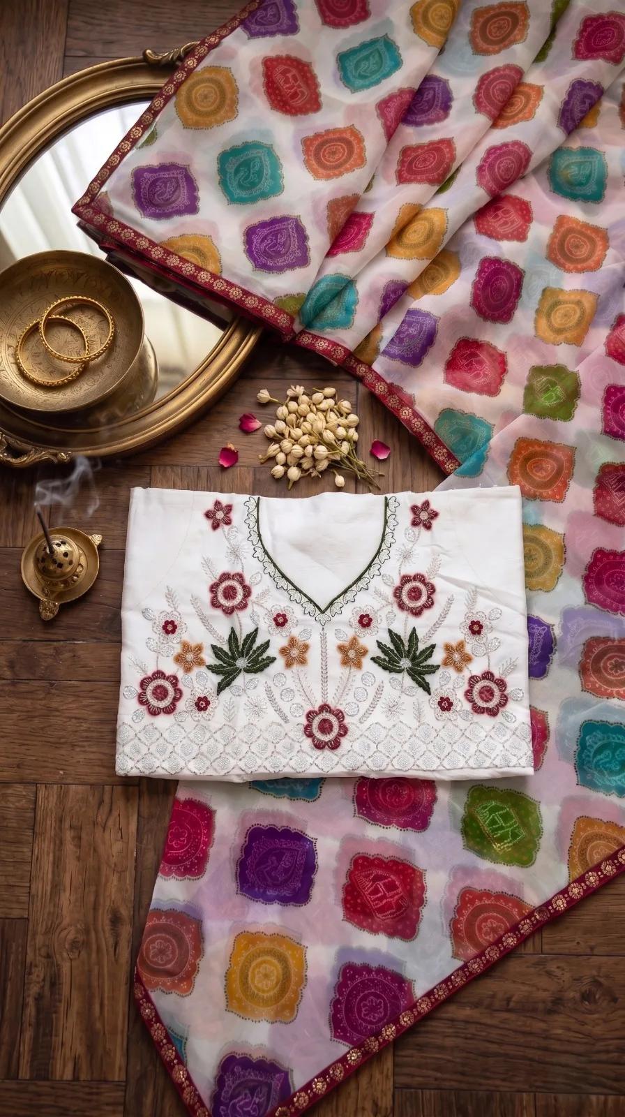 Premium Weightless C/C Fabric Saree With Beautiful Floral Bandhani Printed Design in All Over Saree And Embroidery in White – view 2