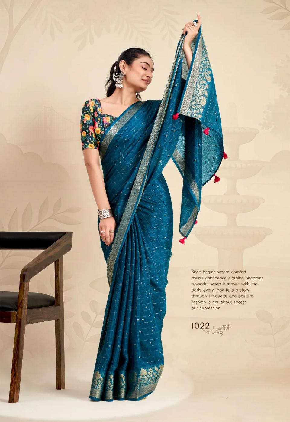 Premium Chinnon Fabric Saree With WEAVING Design And Beautiful Zari Weaving Butti With Checks Design in Aqua blue