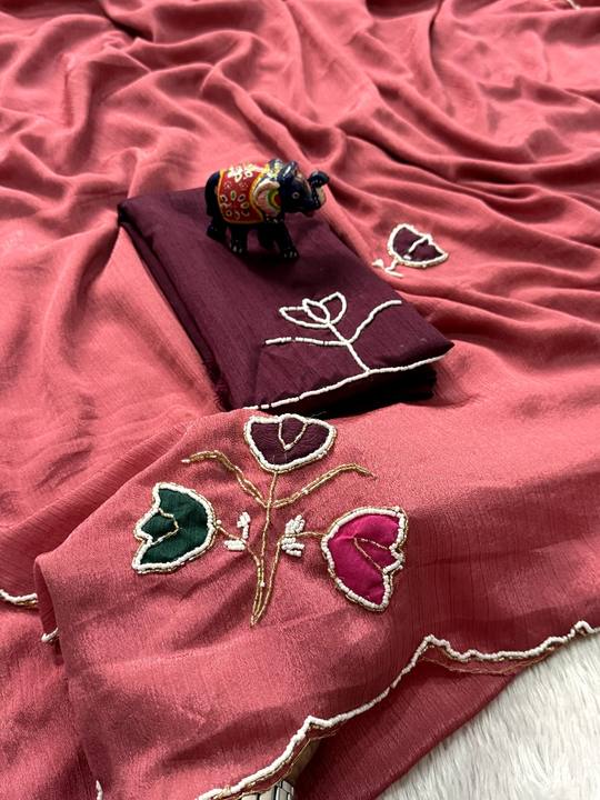 Beautiful Chinon Fabric Saree With Beautiful Bead And Moti Work Cut Dana Hand Work And Floral Butta And Small Hand in Red