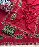 Elegance Premium Chinon Fabric Saree. Zari Embroidery Work With Sequence Work Designer Saree. in Rani – view 3