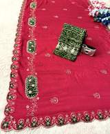 Elegance Premium Chinon Fabric Saree. Zari Embroidery Work With Sequence Work Designer Saree. in Rani