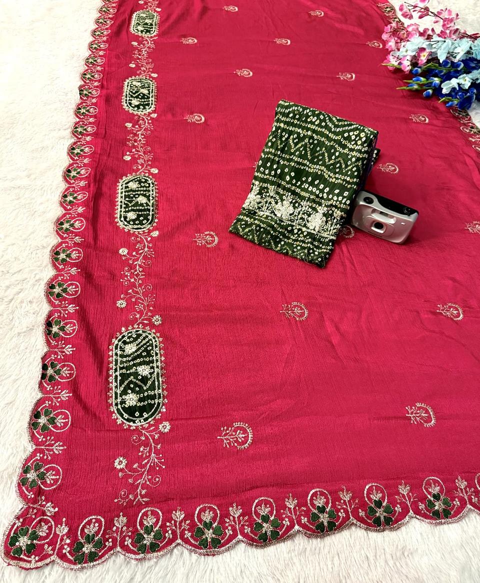 Elegance Premium Chinon Fabric Saree. Zari Embroidery Work With Sequence Work Designer Saree. in Rani