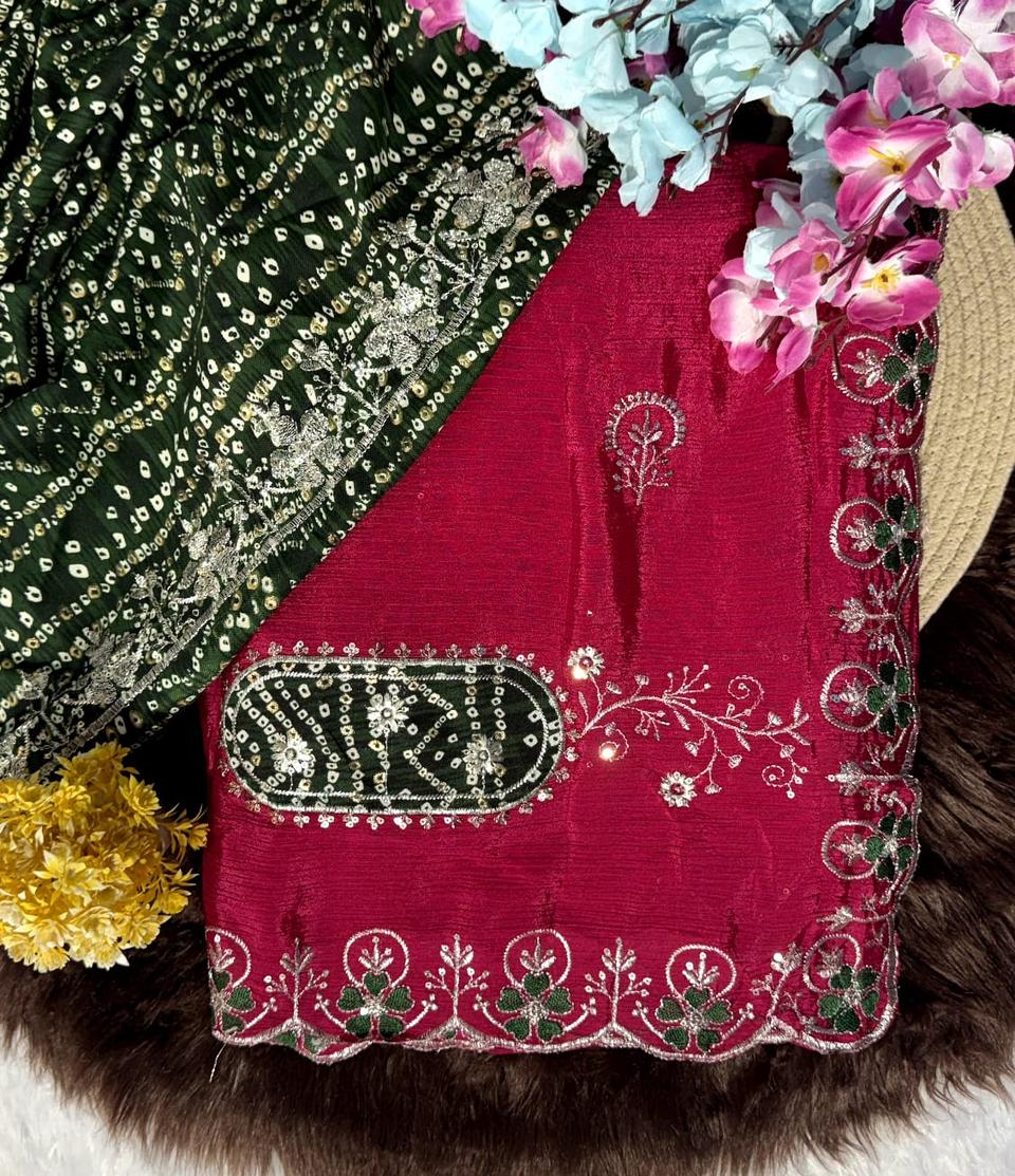 Elegance Premium Chinon Fabric Saree. Zari Embroidery Work With Sequence Work Designer Saree. in Rani – view 2