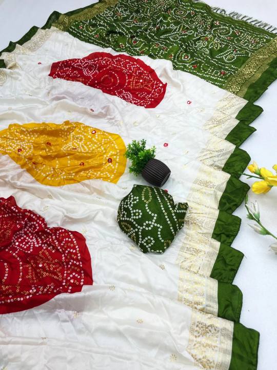 Premium Pure Moss Chiffon Saree With Beautiful Bandhani Print With Foil Print With Mirror Work Designer Saree in Mehendi