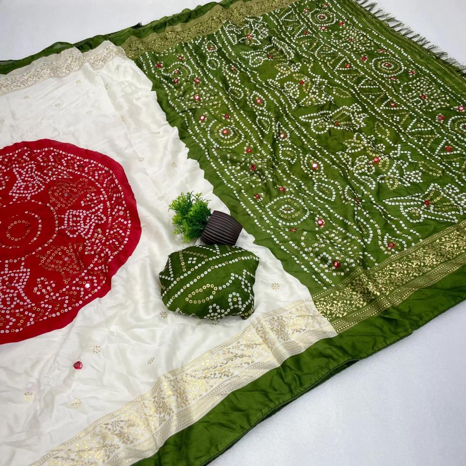 Premium Pure Moss Chiffon Saree With Beautiful Bandhani Print With Foil Print With Mirror Work Designer Saree in Mehendi – view 2