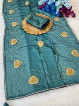 Beautiful rangoli crush Fabric Saree With Beautiful Bead And Moti Work Cut Dana Hand Work And position print in Cyan