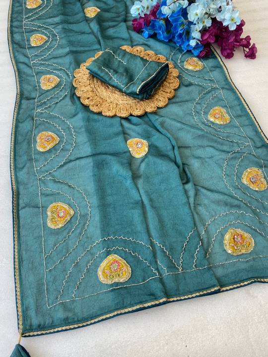 Beautiful rangoli crush Fabric Saree With Beautiful Bead And Moti Work Cut Dana Hand Work And position print in Cyan