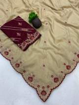 Premium Star Georgette Saree With Beautiful zari therd c pallu Work and lehriya lining work Design in All Over Saree And Heavy Designer Blouse Piece. in Cream – view 3