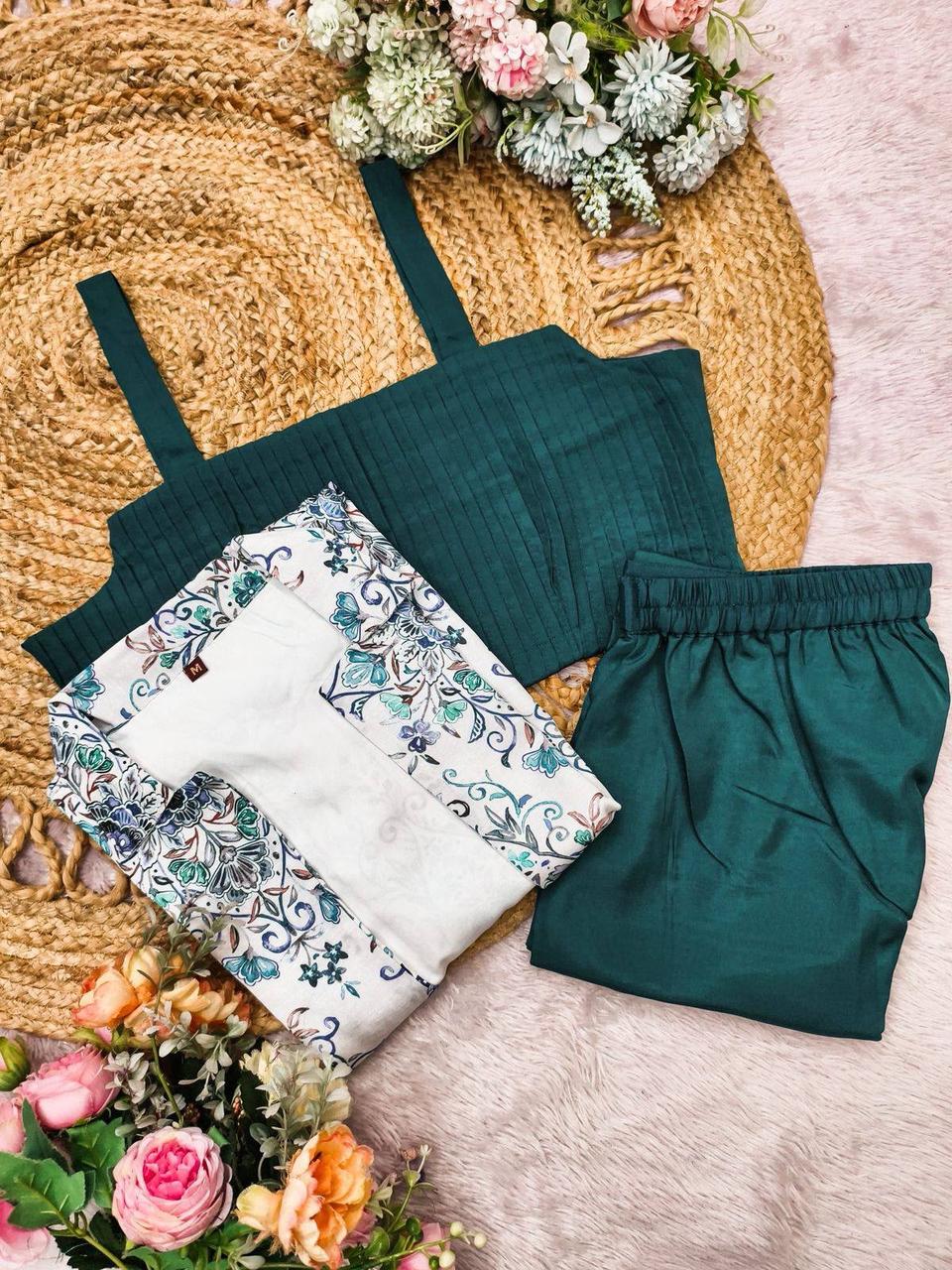 Designer 3-Piece Floral Print Jacket with Crop Top and Pant Co-ord Set for Women in White – view 2