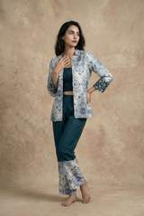 Designer 3-Piece Floral Print Jacket with Crop Top and Pant Co-ord Set for Women in White