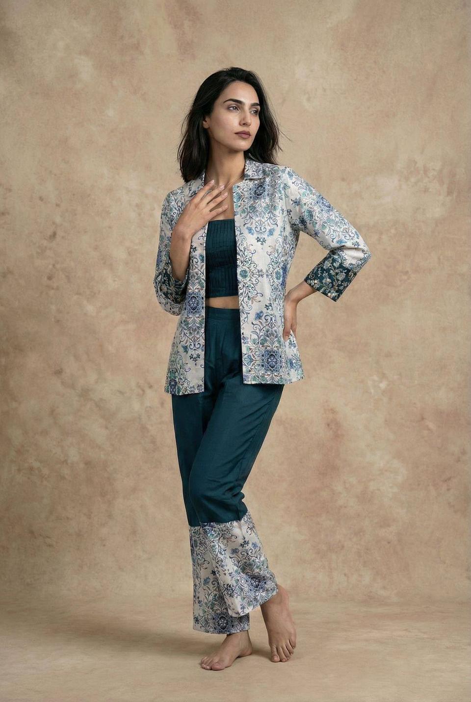 Designer 3-Piece Floral Print Jacket with Crop Top and Pant Co-ord Set for Women in White