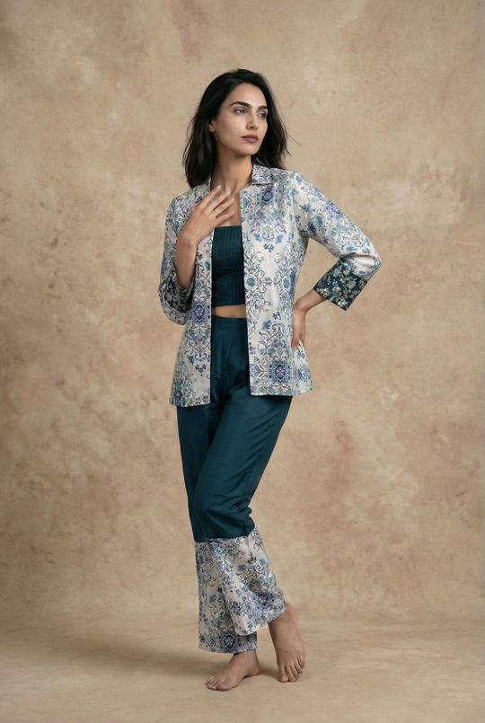 Designer 3-Piece Floral Print Jacket with Crop Top and Pant Co-ord Set for Women in White