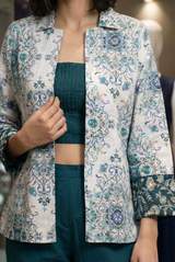 Designer 3-Piece Floral Print Jacket with Crop Top and Pant Co-ord Set for Women in White – view 6