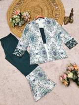 Designer 3-Piece Floral Print Jacket with Crop Top and Pant Co-ord Set for Women in White – view 4