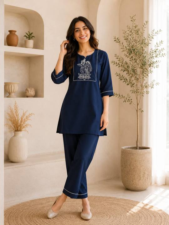 Navy Blue Radha Krishna Embroidered Kurti with Pants Set