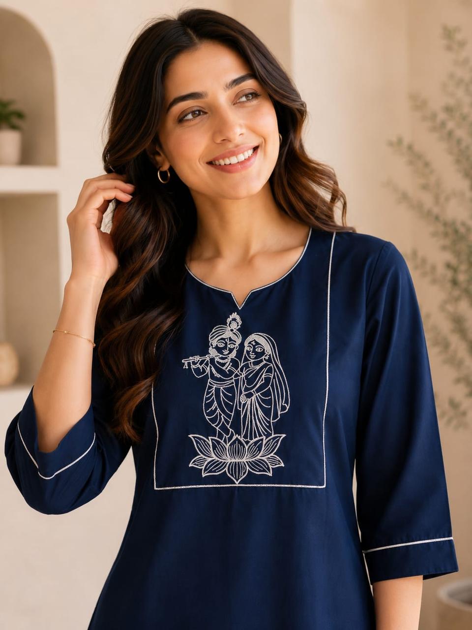 Navy Blue Radha Krishna Embroidered Kurti with Pants Set