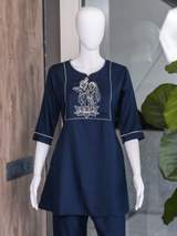 Navy Blue Radha Krishna Embroidered Kurti with Pants Set – view 6